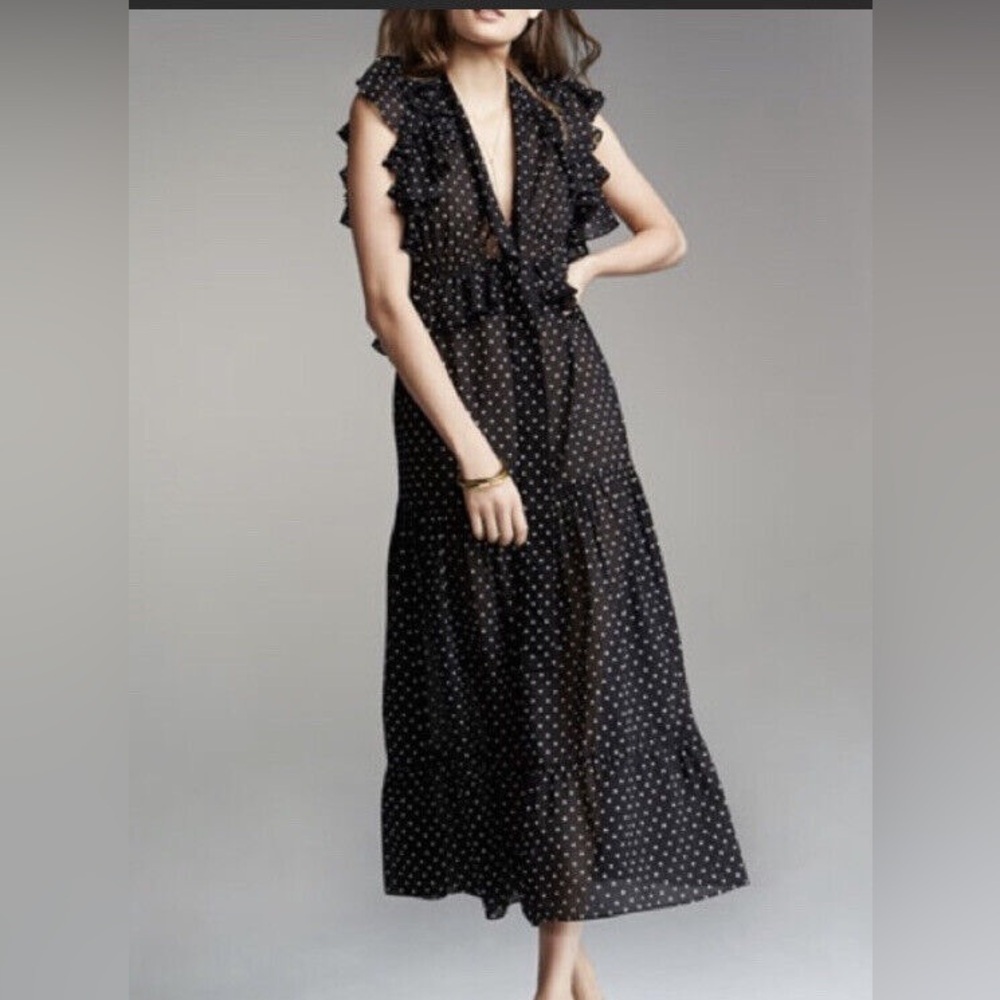 Robert Rodriguez polka dot ruffled maxi gauzy sleeveless dress 0 unlined black